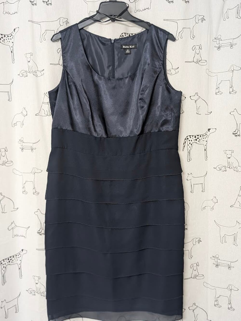 Dana Kay Navy Satin Evening Gown Tiered Dress Womens 14 Sheer Overlay Cocktail - Picture 1 of 7